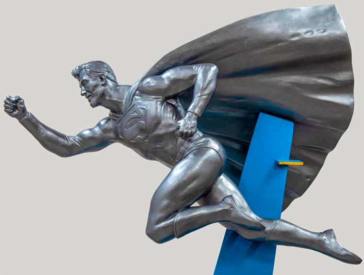 A model of the Superman statue, unveiled in August 2025 in the Jerry Siegel & Joe Shuster Superman Plaza downtown.